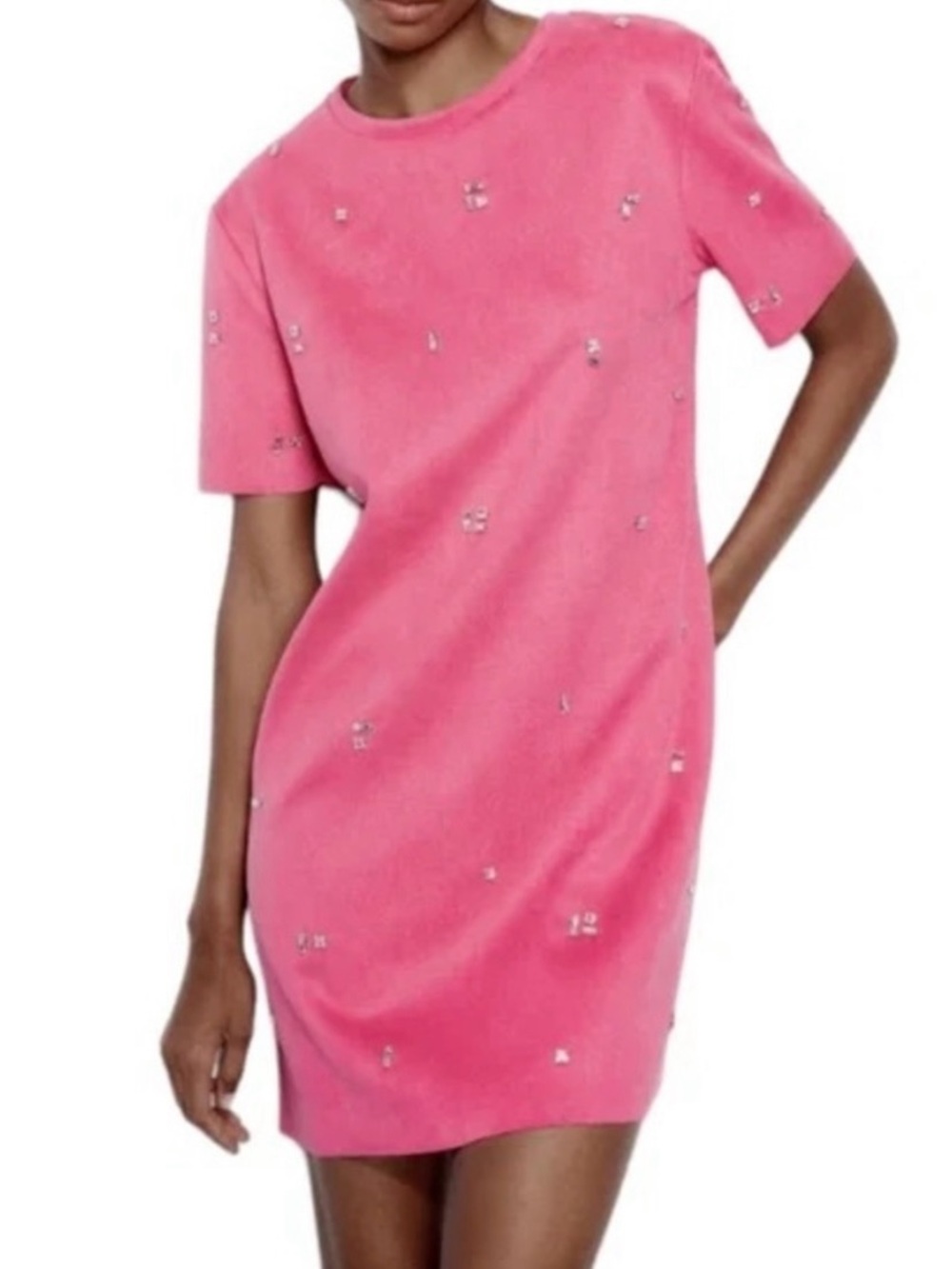 Zara Faux Suede Fuchsia Jewel Embellished Sparkle Short-Sleeve Shift Dress